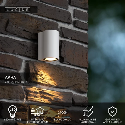 Lucide AKRA - Applique murale Intérieur/Extérieur - LED - 1x6W 2700K - IP54 - Blanc - USP